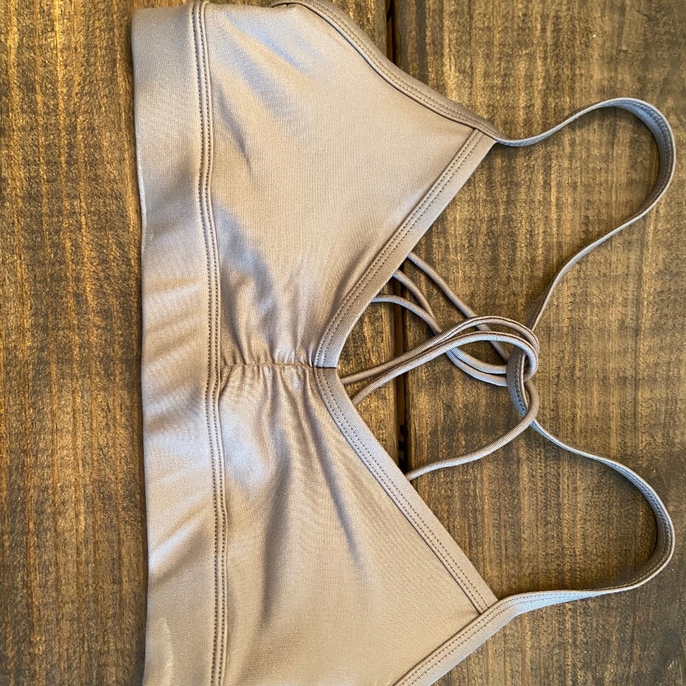 ALO yoga strappy bra - olive green with slight shine